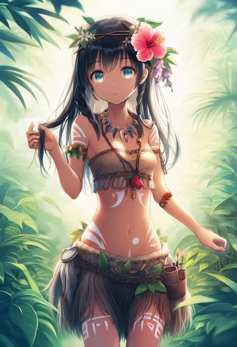 原始人の服装の美少女のAIイラスト作例