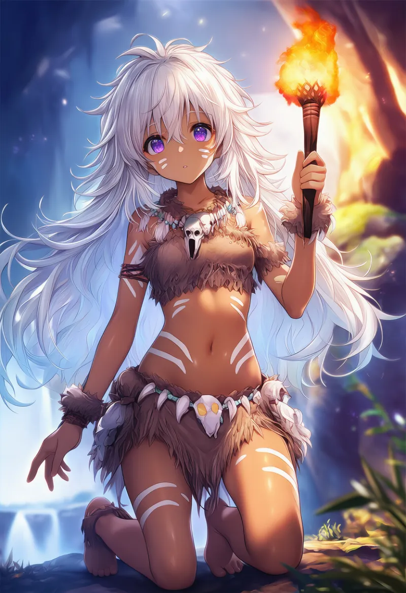 白フェイスペイント儀式スタイル（原始人の服）AIイラスト作例