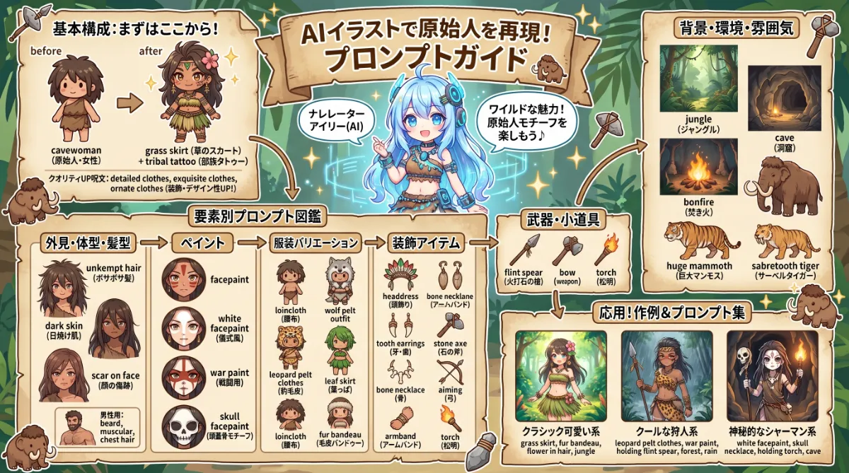 原始人の服のプロンプト集（服・装飾・武器ほか）のまとめ用の図解イラスト（グラレコ）