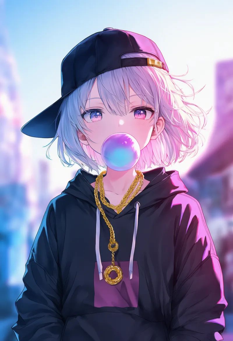 ガムを噛む仕草のAIイラスト|プロンプト紹介(ヒップホップファッション)
