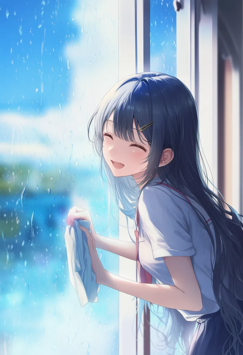 窓を拭く動作のAIイラスト