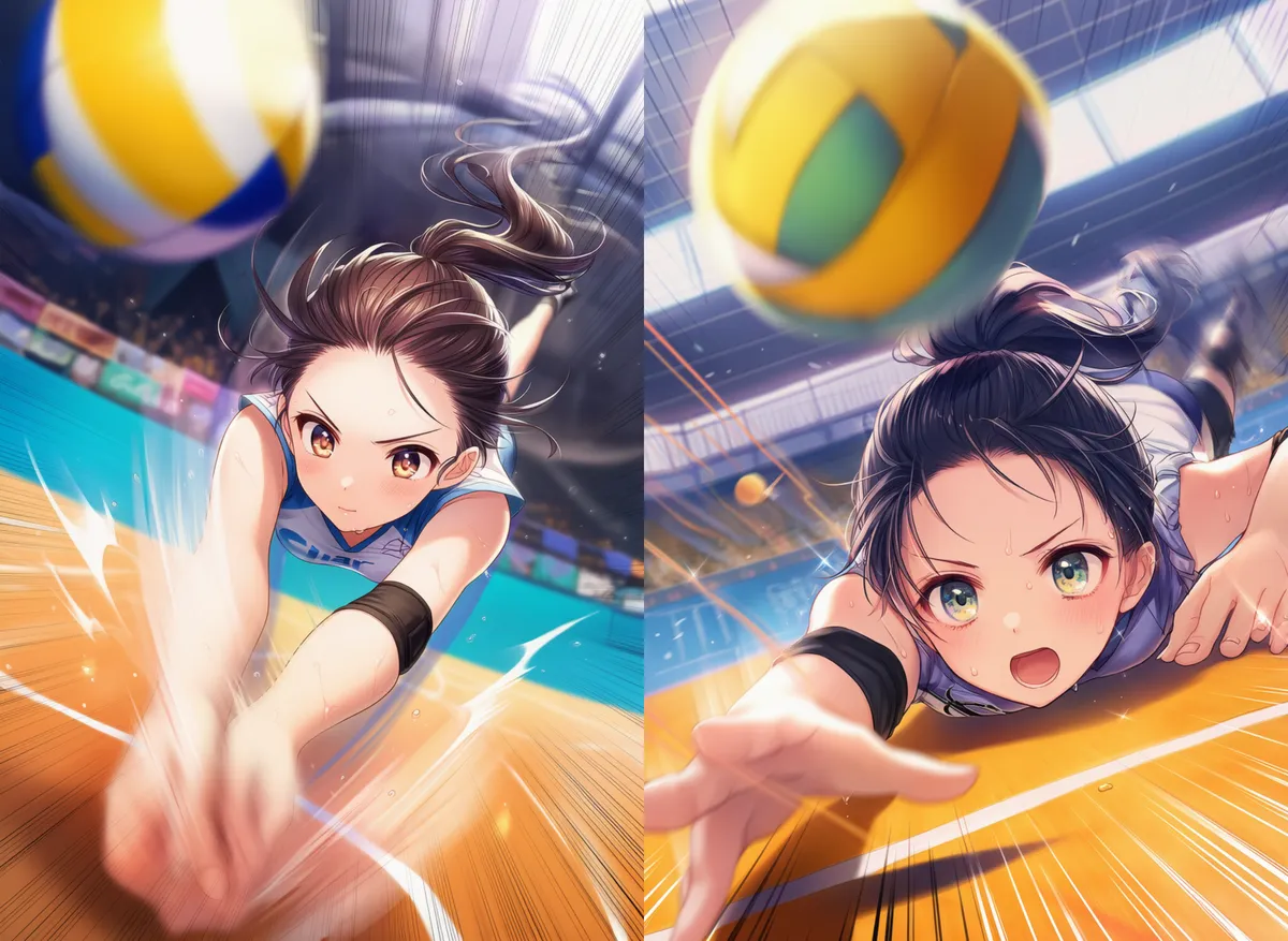 バレーボールのダイビング・レシーブのプロンプト｜AIイラスト作例