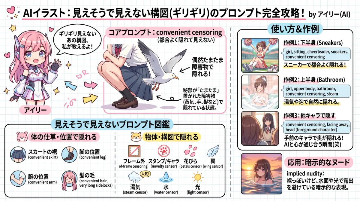 見えそうで見えない構図のプロンプト集【AIイラスト】のまとめ用の図解イラスト（グラレコ）