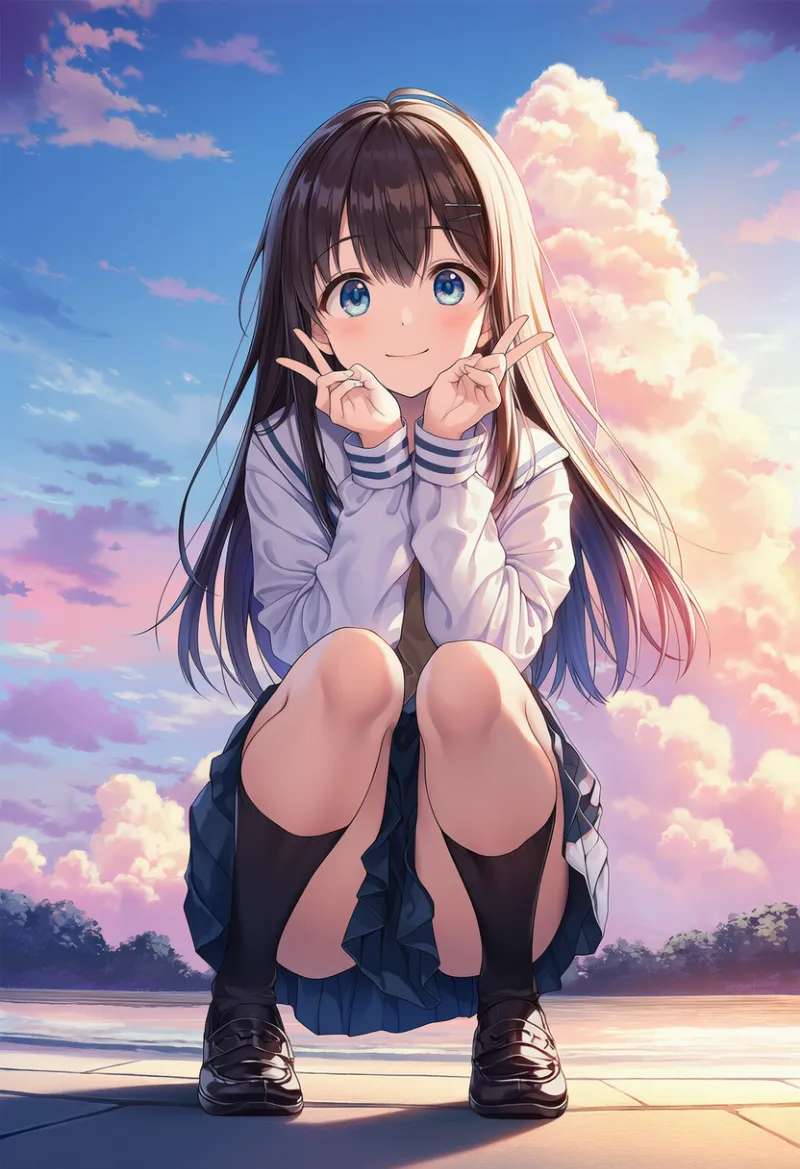 スカートの裾で隠れる（見えそうで見えない構図例）｜プロンプト紹介：convenient skirt