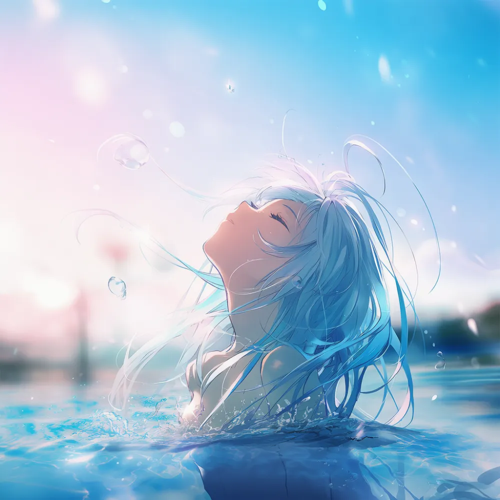 屋外の爽やかな幻想的なバスルームと美女のAIイラスト（見えそうで見えない構図例）