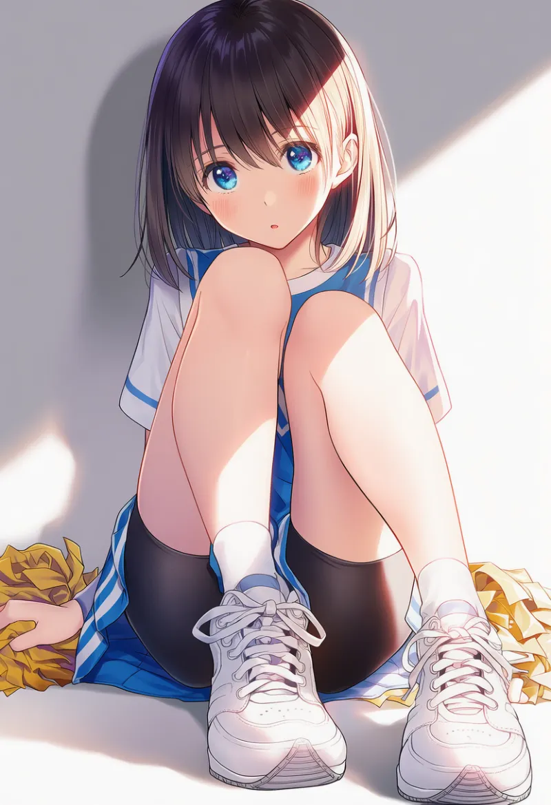 チアリーダーが座っているAIイラスト、シューズによって見えそうで見えないカメラアングルが再現された作例