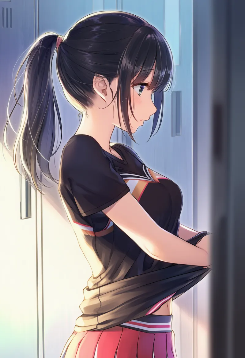 チアリーダーが着替えをしている最中のAIイラストの作例