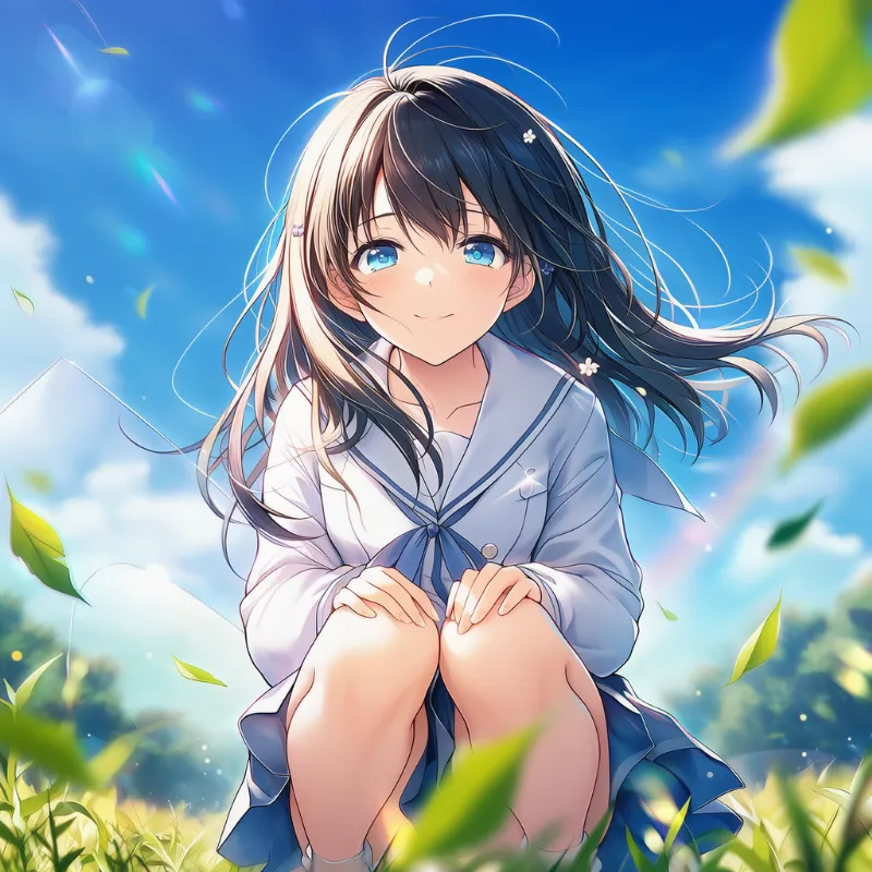 風で葉っぱが舞い、見えそうで見えない構図のAIイラストの作例