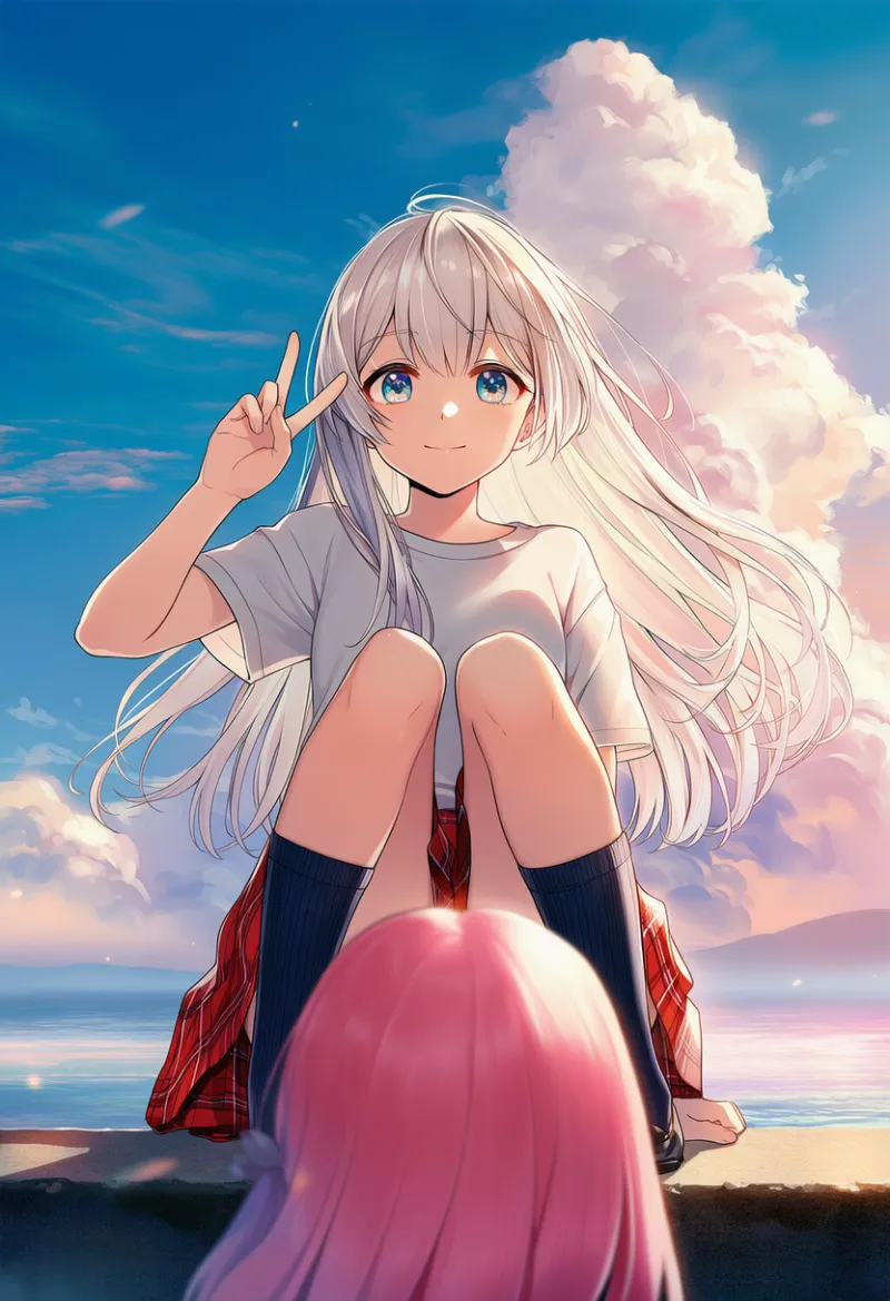 真夏の入道雲を背景にピースする美少女のAIイラスト（別キャラの頭が前ボケで覆い、見えそうで見えない構図）