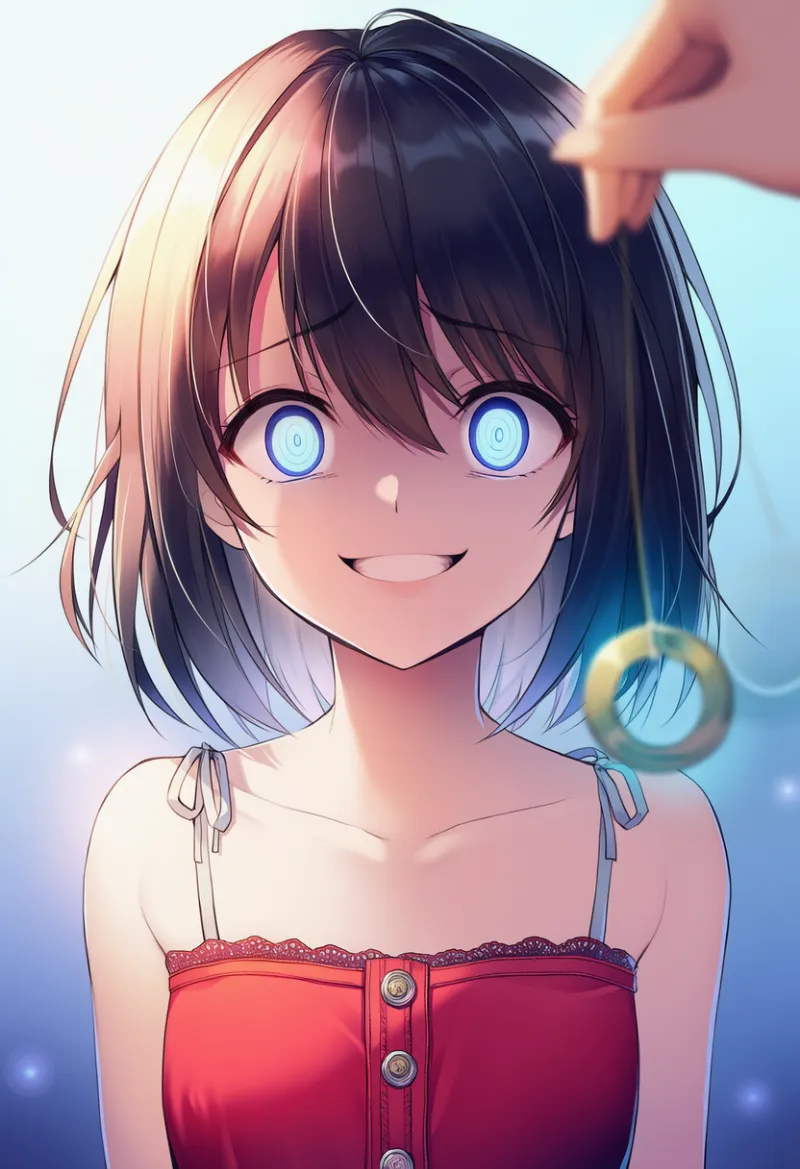 狂った笑いのAIイラスト（催眠シーン）