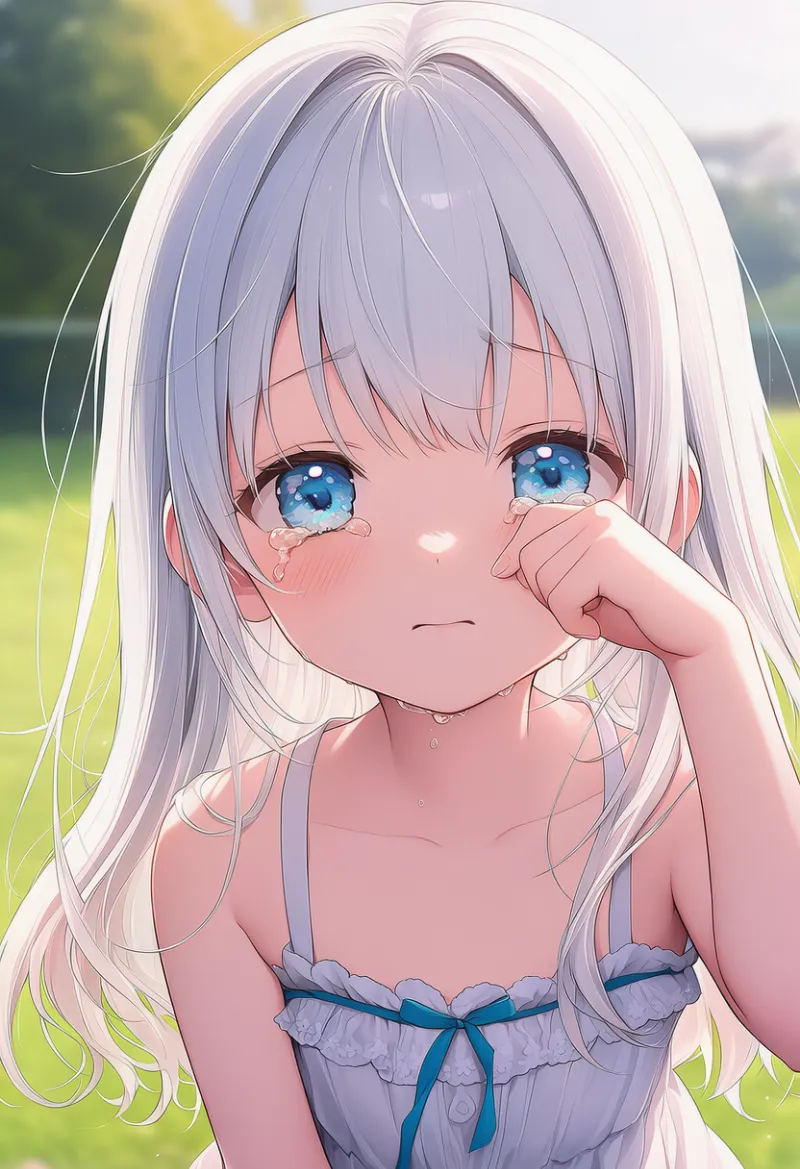 目を開けたまま泣く|幼い少女の表情プロンプト