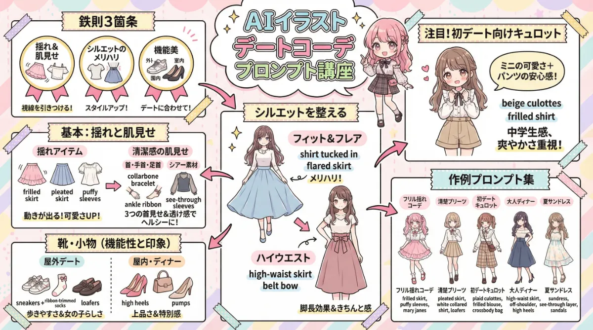 女の子のデート用コーデのプロンプト集のまとめ用の図解イラスト(グラレコ)