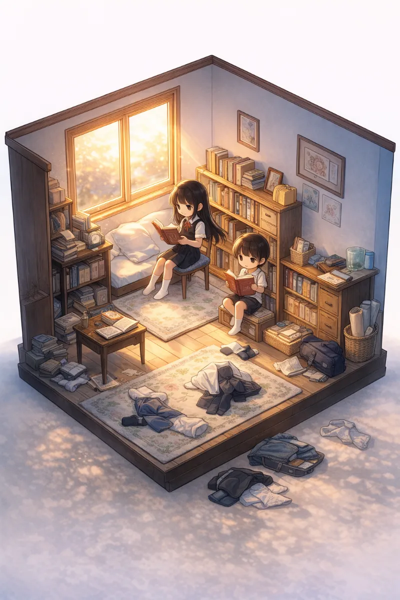 部屋で読書をする美少女たち:ジオラマ風のAIイラストの作例(NovelAI)