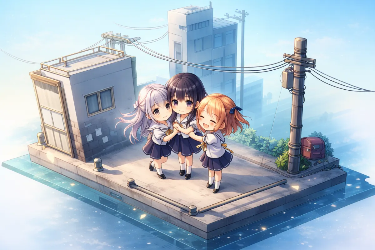 制服の美少女たちが仲良く手を繋いでいる:ジオラマ風のAIイラストの作例(NovelAI)