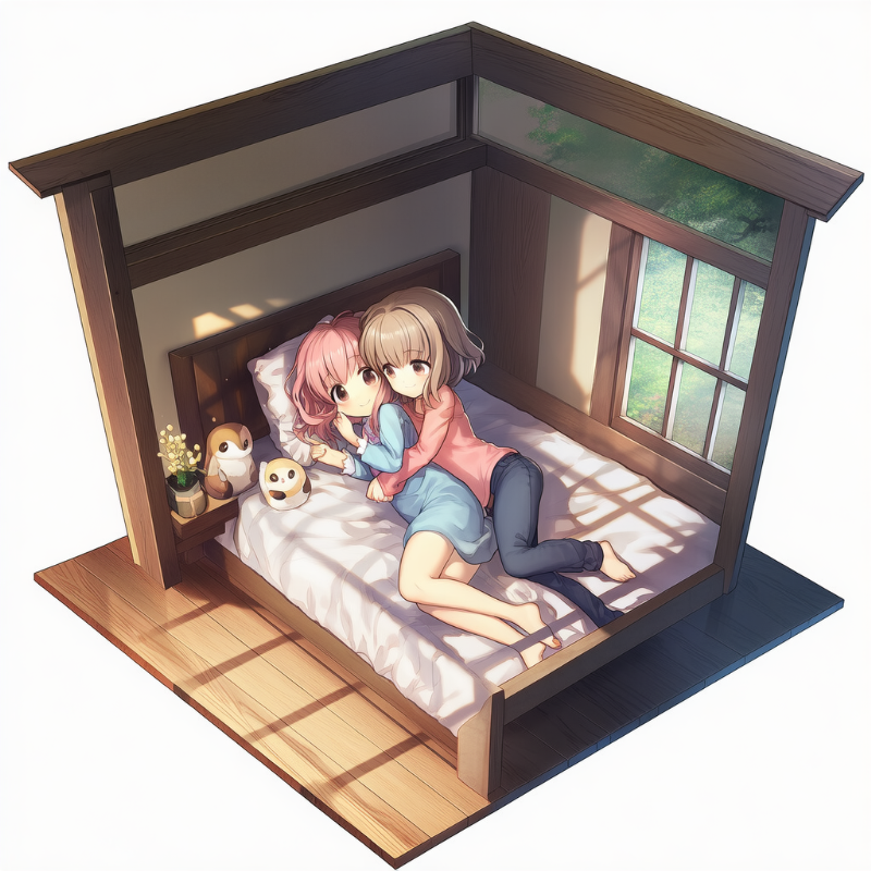 美少女キャラクターが仲良くベッドでリラックスしているジオラマ風のAIイラスト