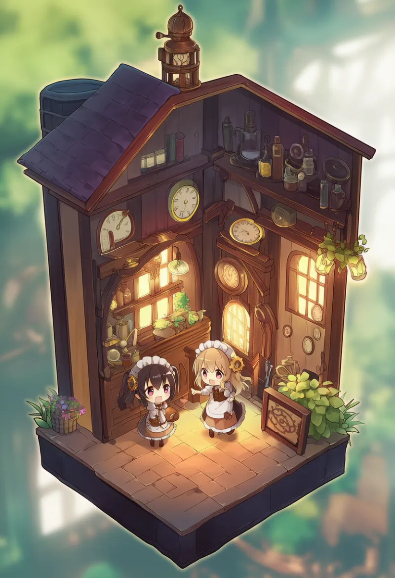 スチームパンク風の美少女のジオラマ風AIイラストの作例