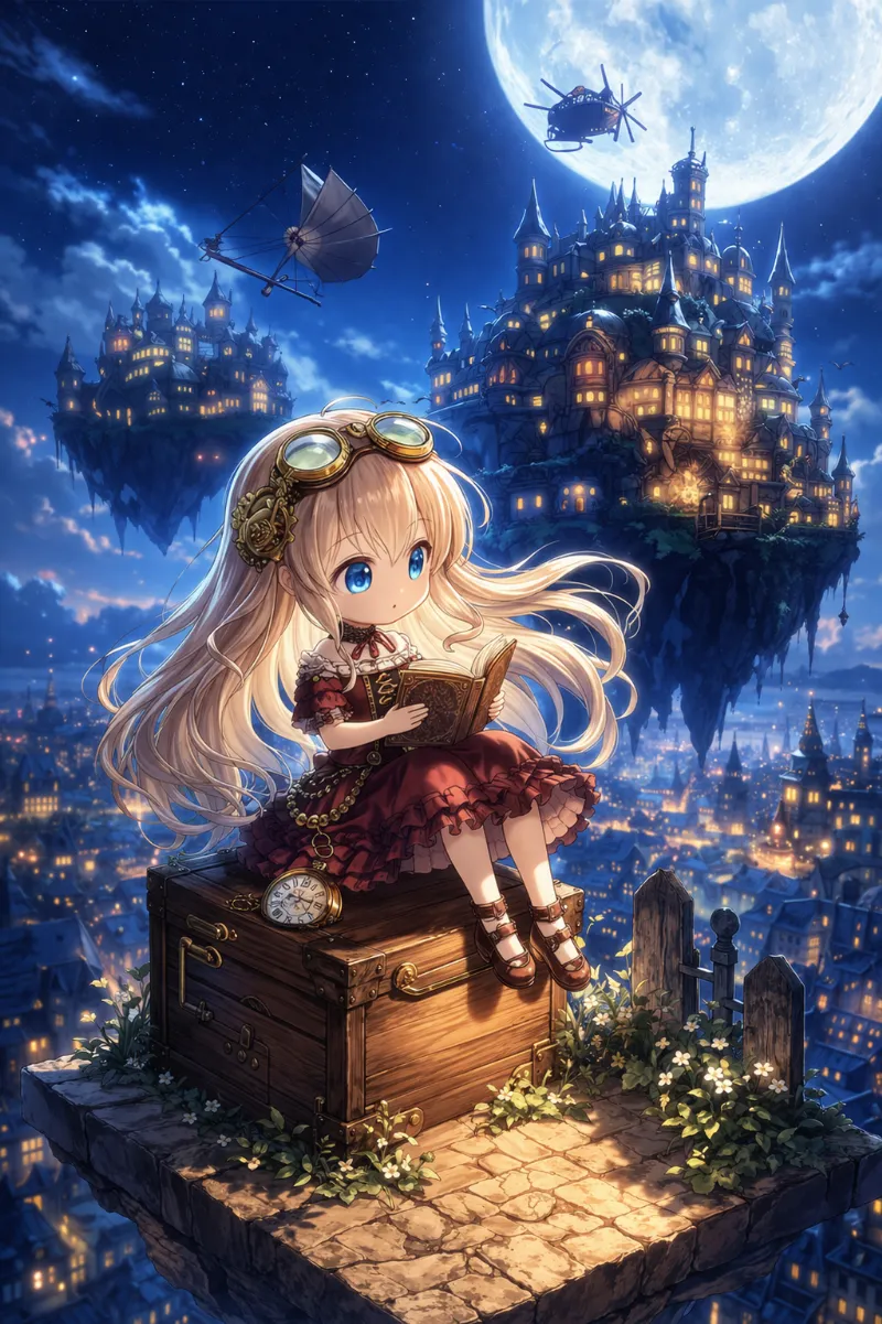スチームパンク風の美少女と浮遊する街並みのジオラマ風AIイラストの作例(NovelAIとChatGPTを使用して生成)