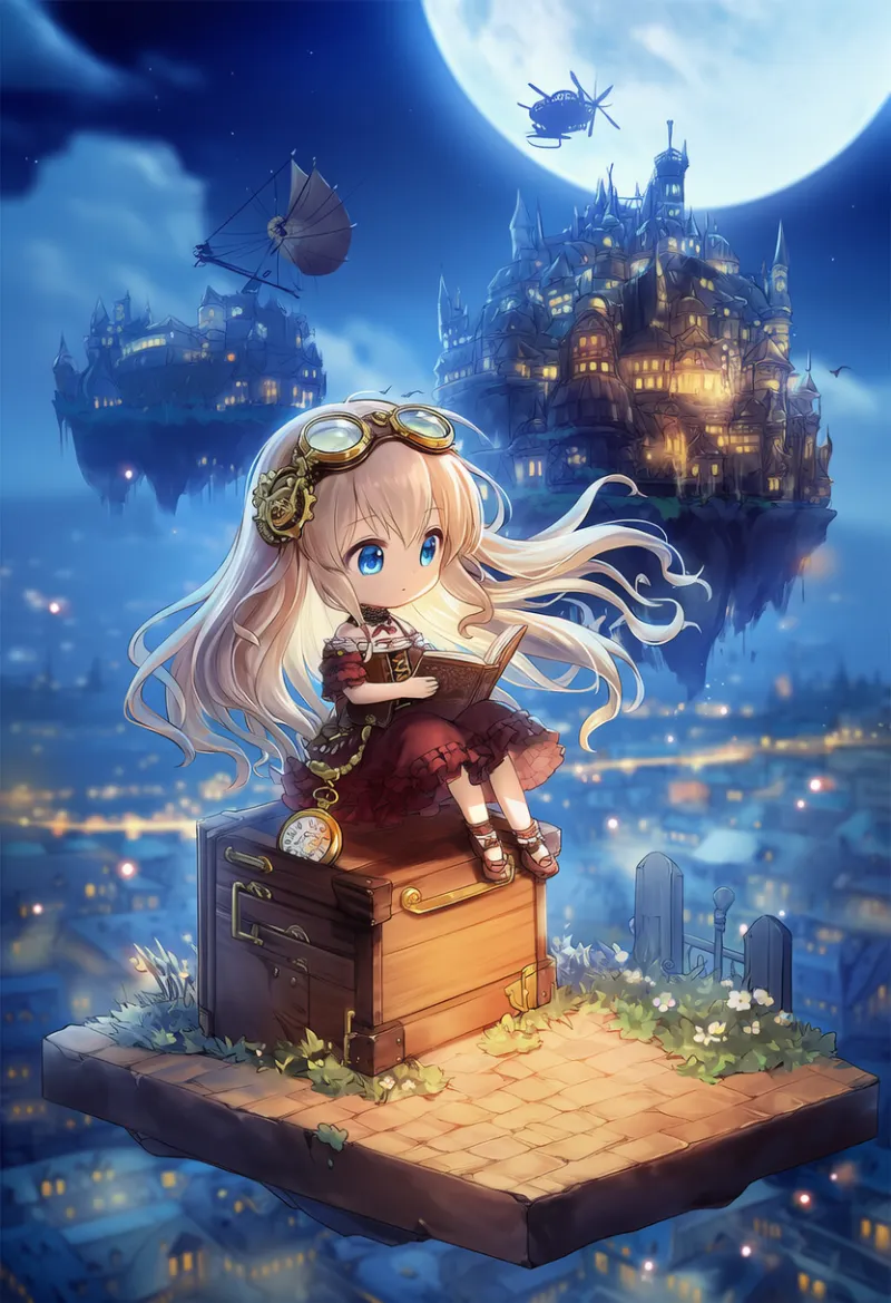 NovelAIで下書きとして生成した作例:スチームパンク風の美少女と浮遊する街並みのジオラマ風AIイラスト