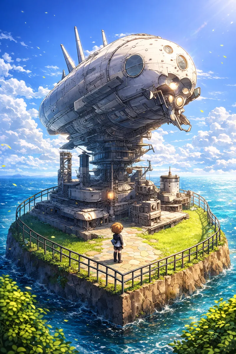 巨大施設の前に立つ少年:ジオラマ風のAIイラストの作例(NovelAI)