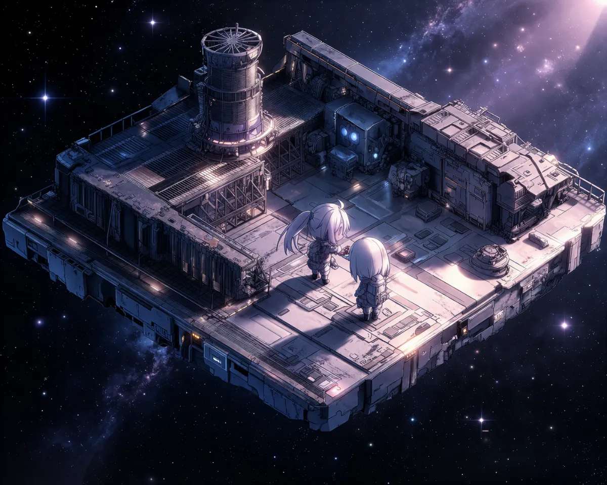 宇宙ステーションに立つ美少女のジオラマ風のAIイラスト作例