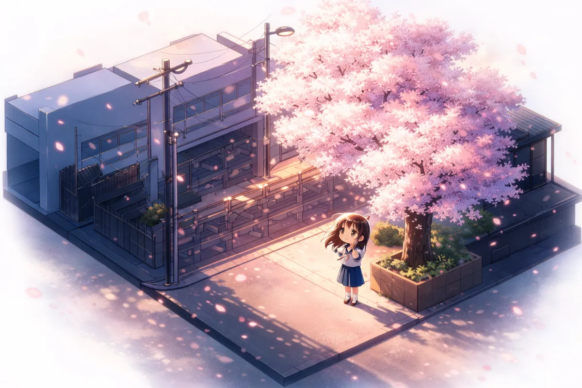 お花見をする少女|美少女のジオラマ風AIイラスト