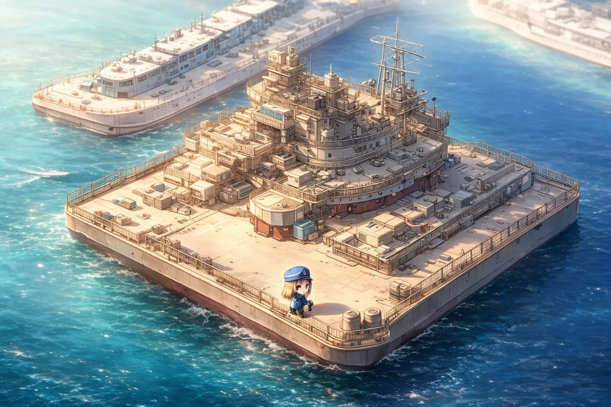 海軍基地施設に立つ美少女|美少女のジオラマ風AIイラスト