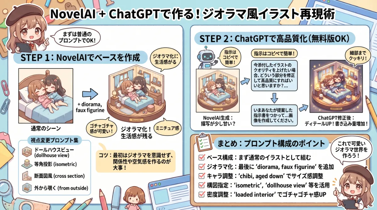ジオラマ風イラストのプロンプト集【NovelAI】のまとめ用の図解イラスト(グラレコ)
