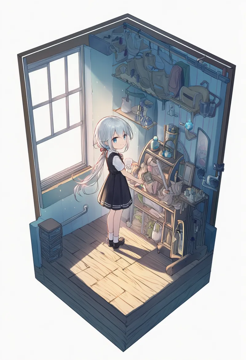 断面図風のジオラマを再現したAIイラスト|プロンプト紹介:diorama, cross section, room, loaded interior