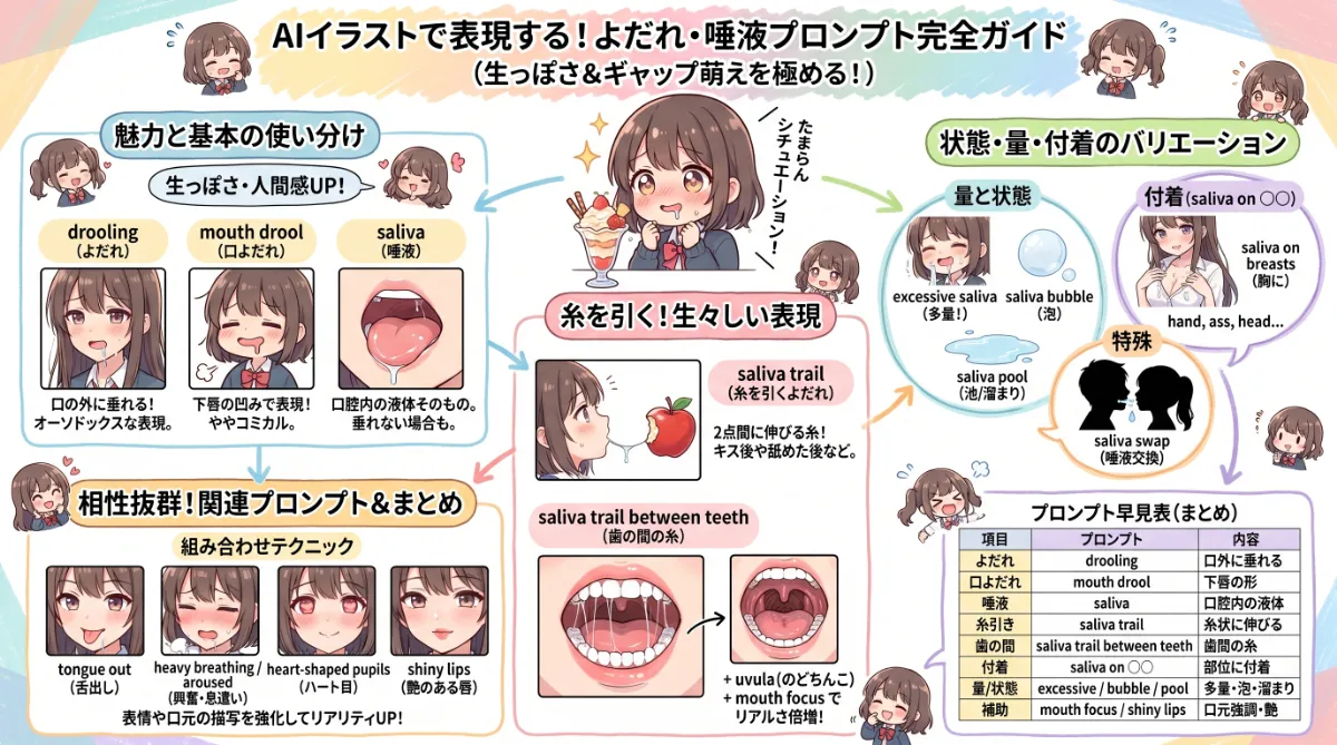 よだれのプロンプト完全ガイド（垂れる・糸を引くほか）のまとめ用の図解イラスト（グラレコ）