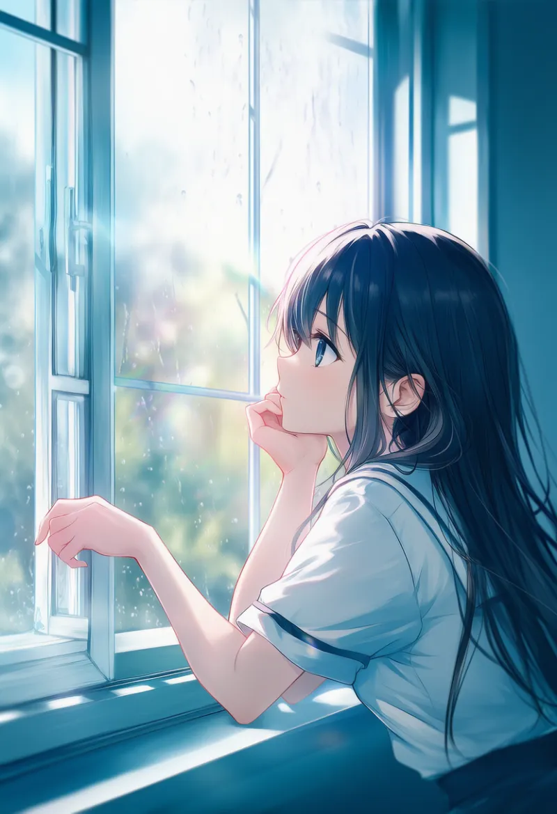 窓台に肘を乗せる仕草のAIイラスト