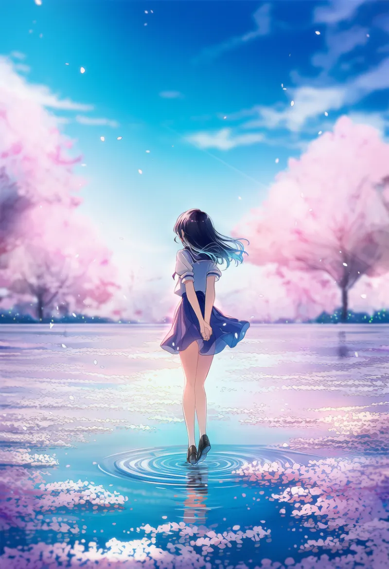 水面に落ちた花びらのプロンプト：falling petals, petals on liquid｜AIイラスト