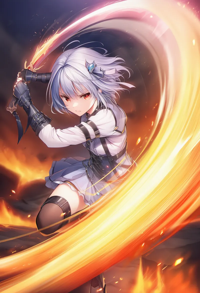 炎の武器エフェクト強化プロンプトの紹介用のAIイラスト