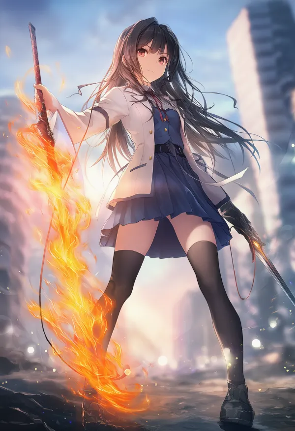 炎をまとった武器のAIイラスト｜プロンプト紹介