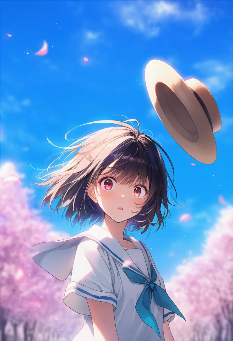 帽子が風で浮き上がるプロンプト：floating hat｜AIイラスト