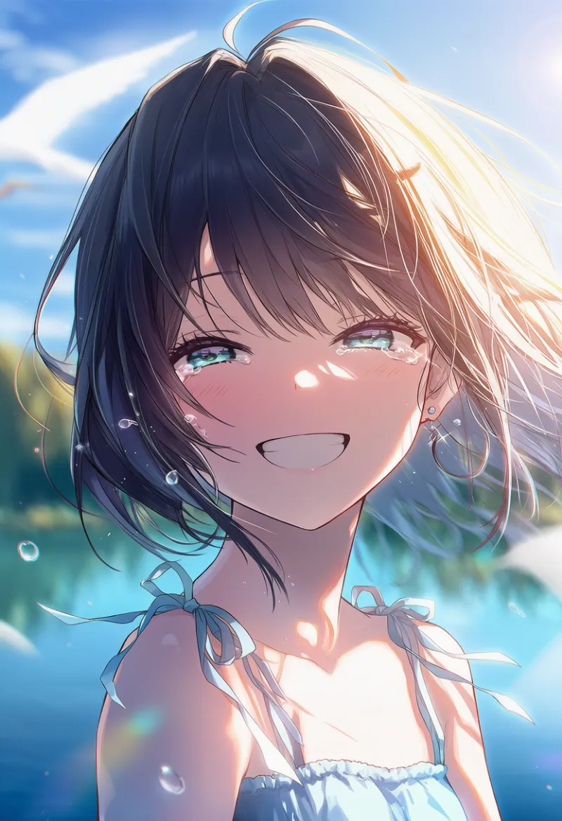 風に舞う涙のプロンプト：floating tears｜AIイラスト