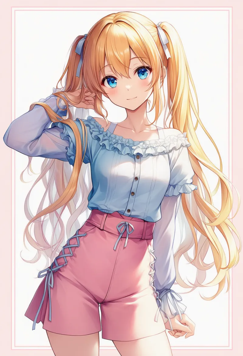 フリルブラウスと編み上げキュロットのAIイラスト|デート用コーデのプロンプト紹介