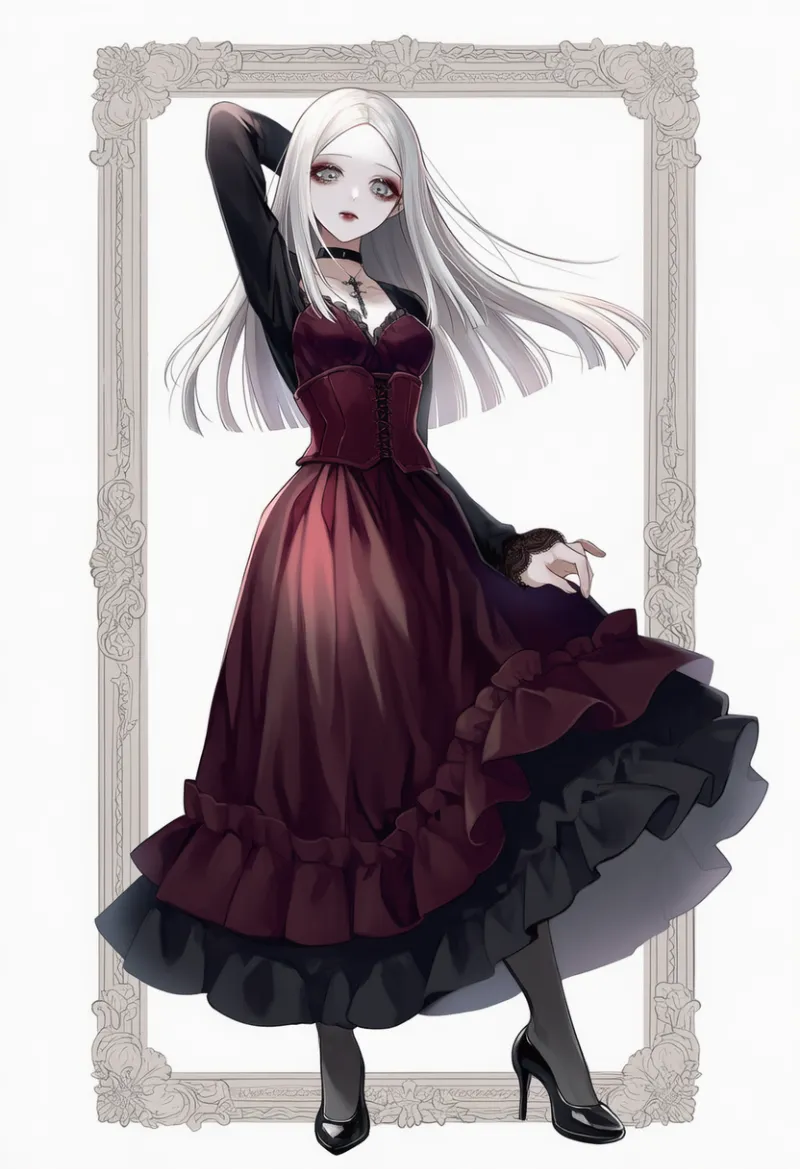 ヴィクトリアン・ロングドレスコーデのAIイラスト(ゴシックファション)