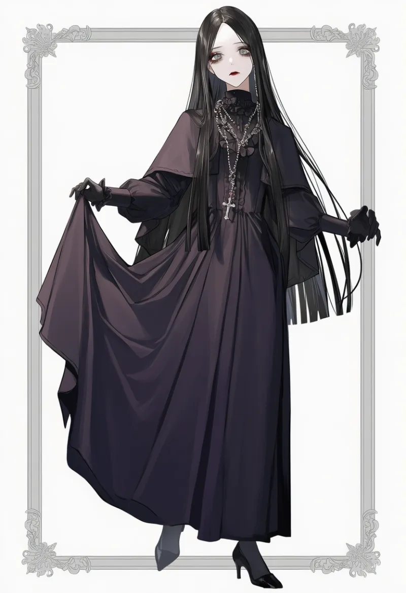 モーニングドレス×クロークの喪服コーデのAIイラスト(ゴシックファション)