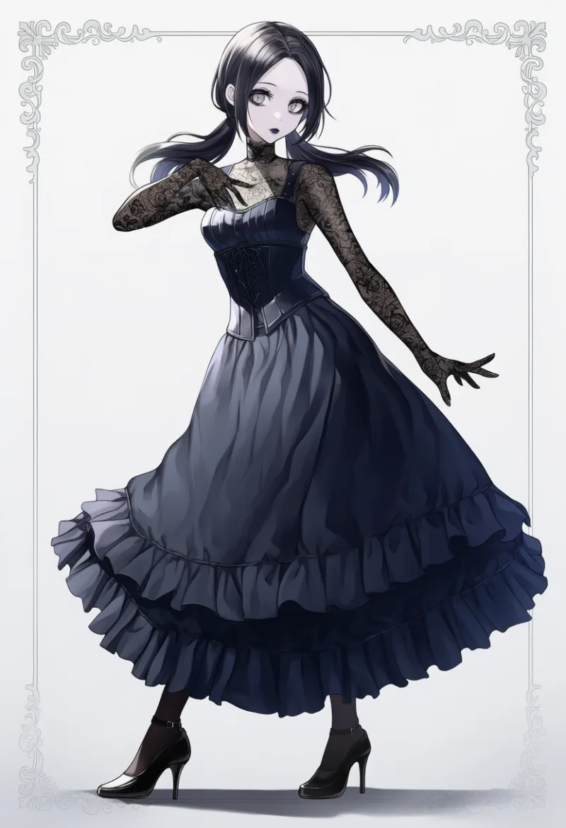 ブラウス×ロングスカートのゴシックコーデのAIイラスト(ゴシックファション)
