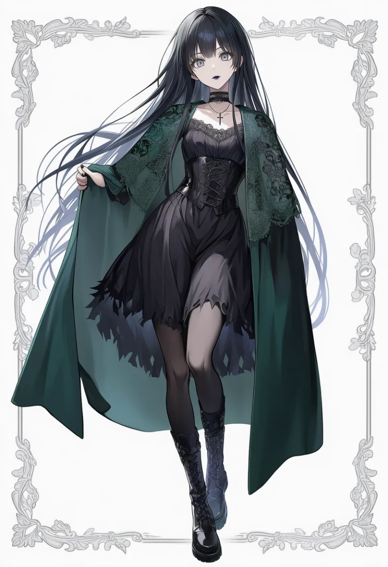 ケープ×ドレスのレイヤードコーデのAIイラスト(ゴシックファション)