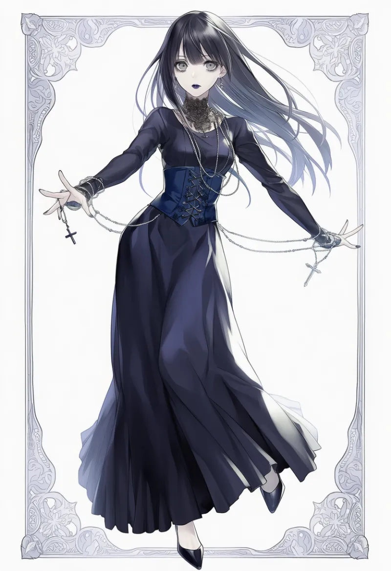 クロスアクセサリー中心の装飾コーデのAIイラスト(ゴシックファション)