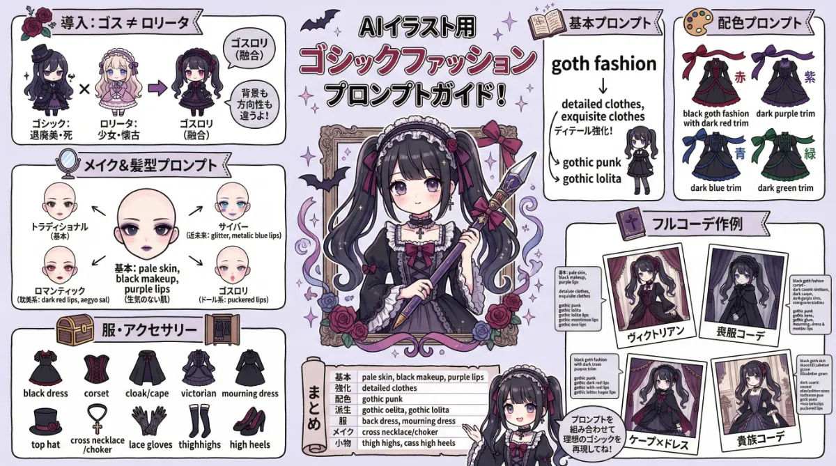 ゴシックファッションのプロンプト集のまとめ用の図解イラスト(グラレコ)