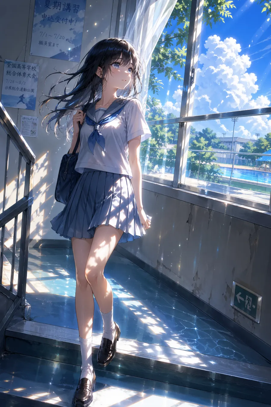 夏の学校の階段を降りる美少女のAIイラスト｜GPT Image 2で生成したAnimagineXLの作例