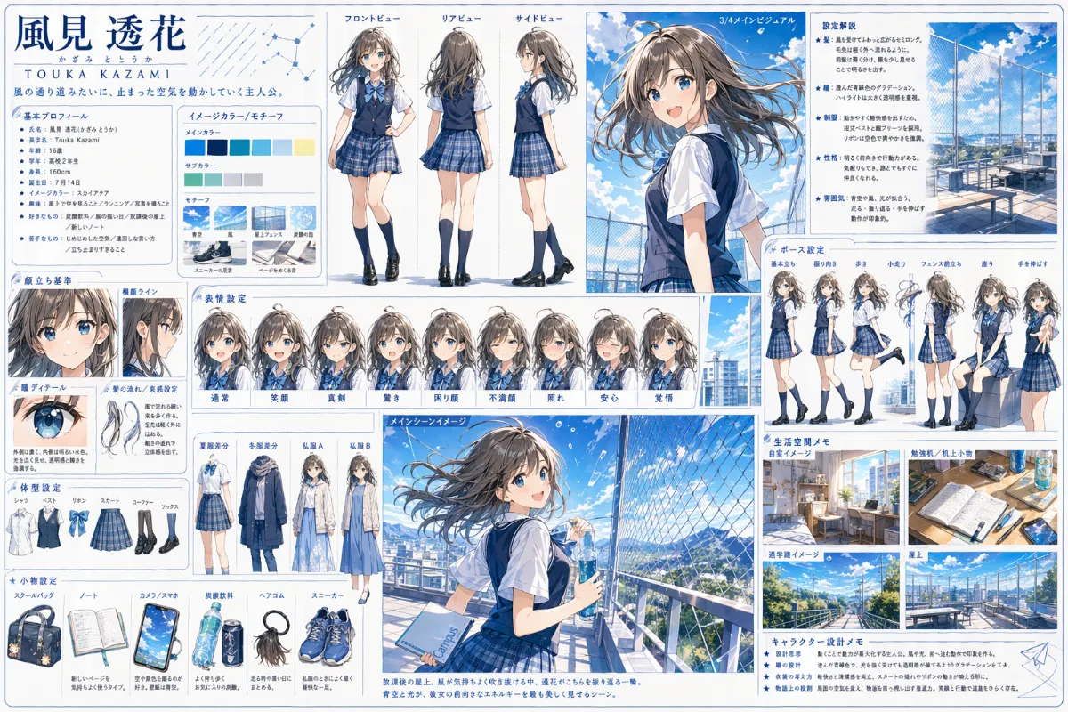 キャラクター公式設定資料集をイメージしたAIイラスト｜GPT Image 2で生成した作例