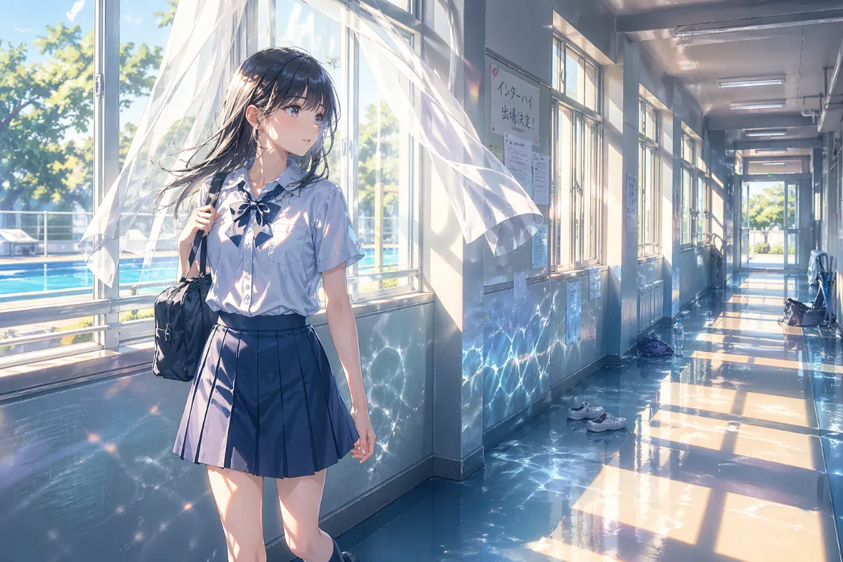 制服姿の美少女が廊下を歩くAIイラスト｜GPT Image 2で生成したAnimagineXLの作例