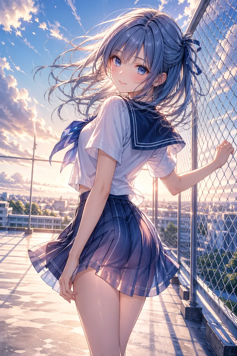 夕方の屋上で振り返り微笑む美少女のAIイラスト｜GPT Image 2で生成したAnimagineXLの作例