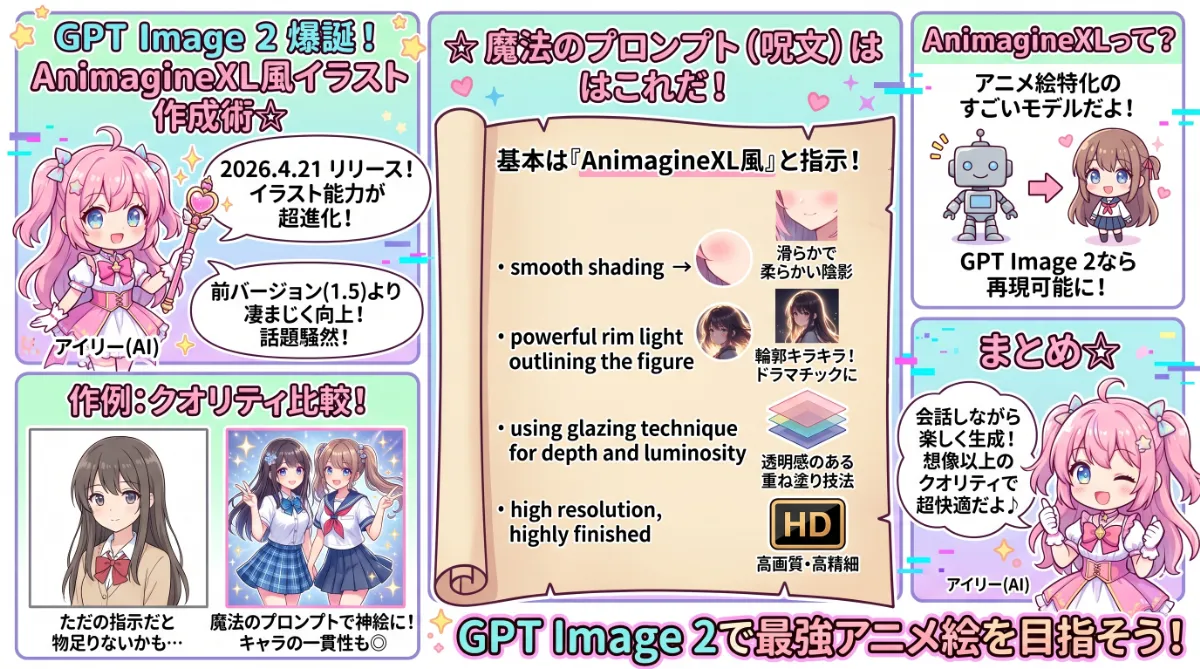 GPT Image 2でAnimagineXL風イラストを作るプロンプトのまとめ用の図解イラスト資料（グラレコ）