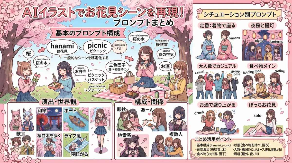 お花見シーンのプロンプト一覧【AIイラスト】のまとめ用の図解イラスト（グラレコ）