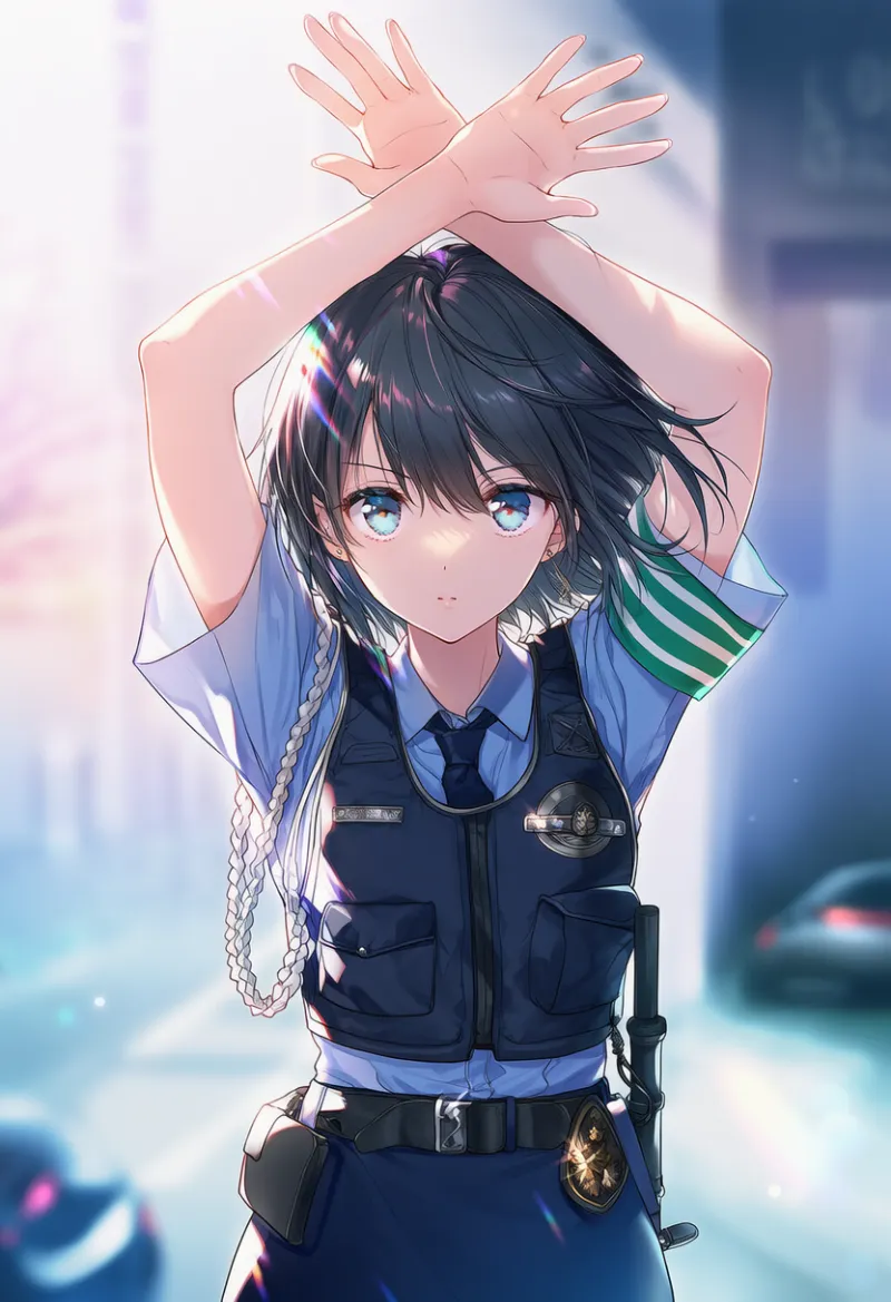 頭の上に手を挙げて静止させる動作のAIイラスト｜警察官のポーズプロンプト紹介：hand stop, arms above head, palms