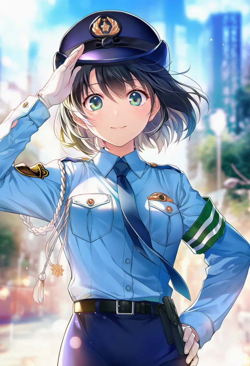 腰に手を当てる仕草のAIイラスト｜警察官のポーズプロンプト紹介：hand on own hip